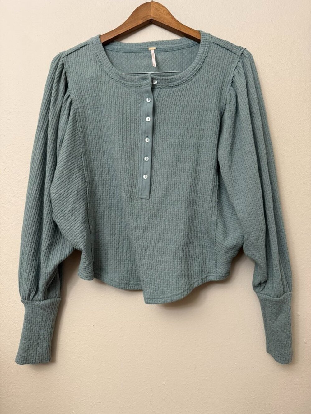 Free People Green Blue Waffle Knit Oversized Henley Puff Sleeve XS